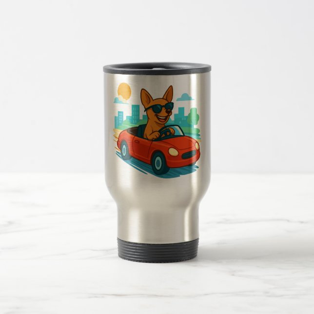 Dog Driving Red Car Cartoon Travel Mug Reisebecher (Mittel)