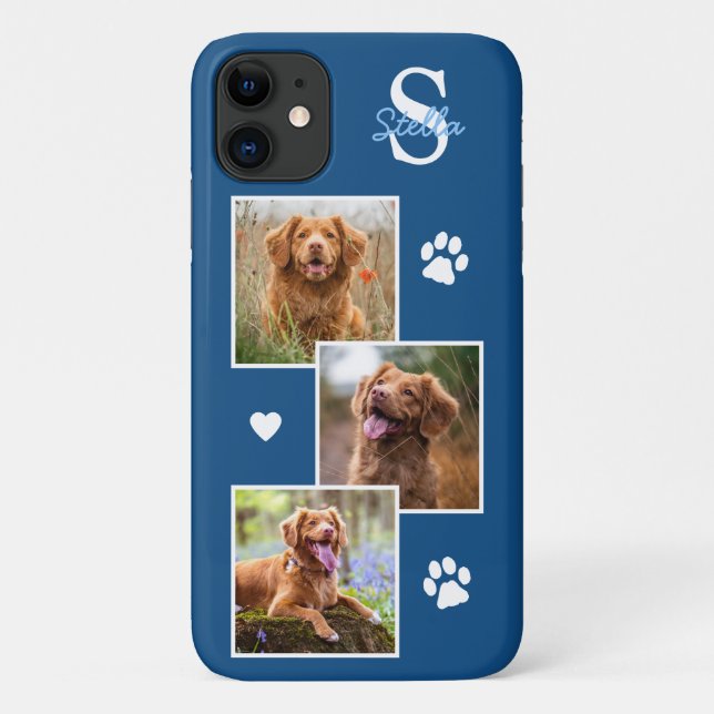 Dog Foto Collage Monogram Blue Pet Case-Mate iPhone Hülle (Rückseite)