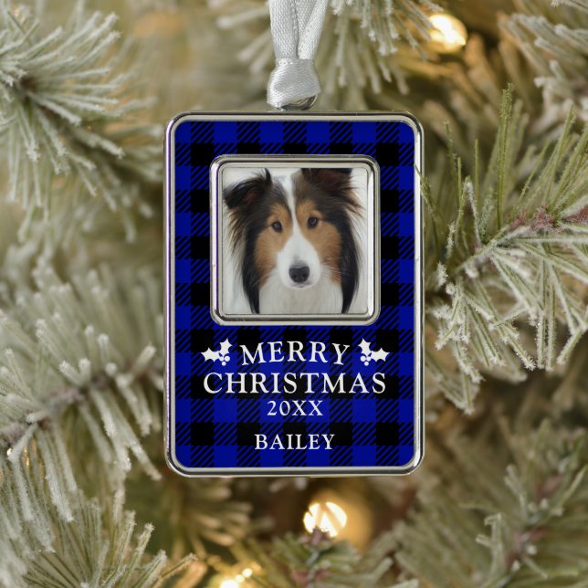 Dog Foto Frohe Weihnachten Blue Buffalo Karo Rahmen-Ornament Silber (Baum)