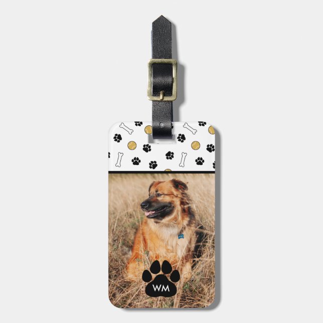 Dog-Foto und Dog-Themenmuster-Monogramm Gepäckanhänger (Vorderseite vertikal)
