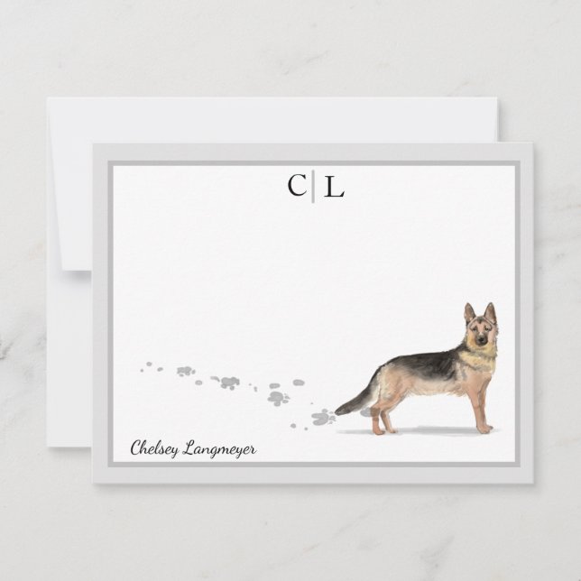 Dog Gray Border Monogram & Name Mitteilungskarte (Vorderseite)