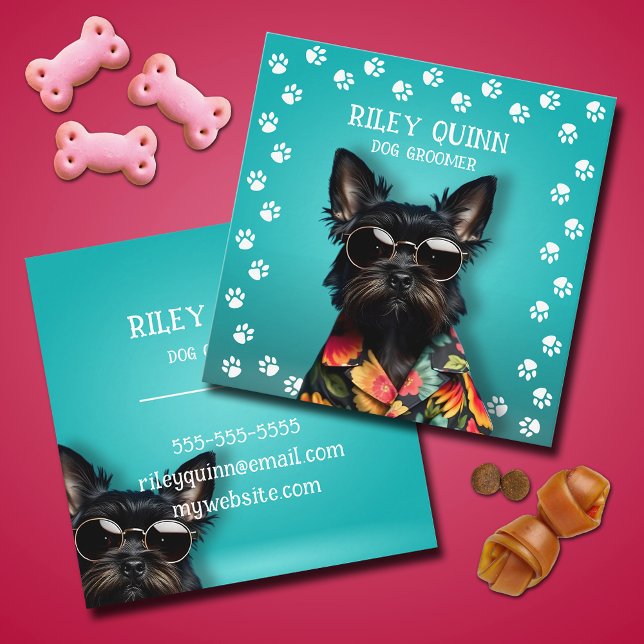 Dog Groomer Paw Print Border Quadratische Visitenkarte (Dog Groomer pawprint border square business cards)