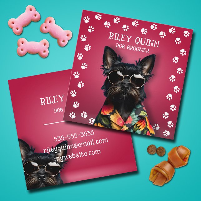 Dog Groomer Paw Print Border Quadratische Visitenkarte (Dog Groomer pawprint border square business cards)