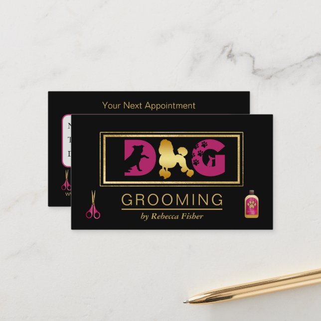 Dog Grooming Black Pink Terminalkarte Terminkarte (Vorderseite/Rückseite Beispiel)
