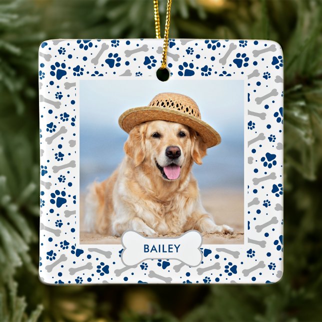 Dog Holiday Cute Paw Prints Personalized Pet Photo Keramikornament (Von Creator hochgeladen)