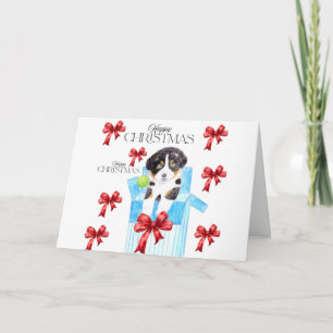 Dog in einer blauen Box Weihnachtskarte mit Bogen Karte