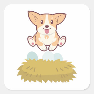Dog in the egg quadratischer aufkleber