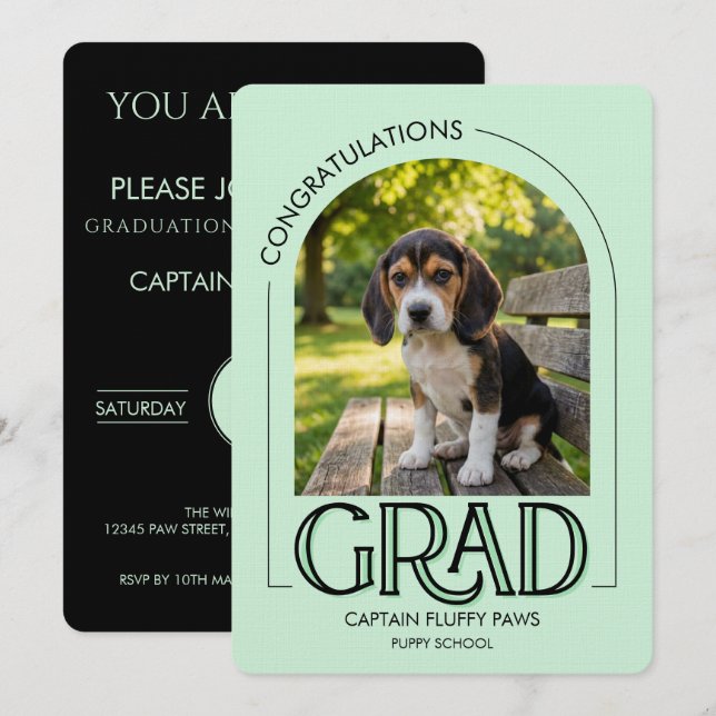 Dog Kindergarten Pet Photo Mint Green Graduation Ankündigung (Vorne/Hinten)