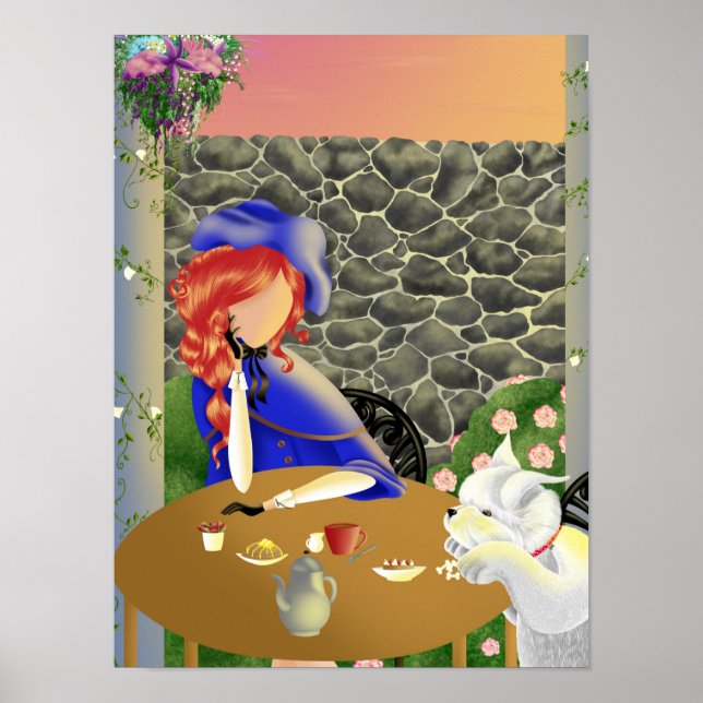 Dog & Lady im Café bei Sonnenuntergang "Forever Lo Poster (Vorne)