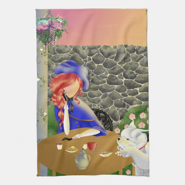 Dog & Lady im Café Lunch Handtuch (Vertikal)