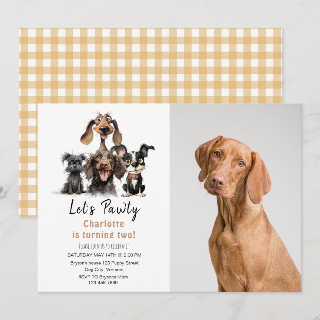 Dog Let's Pawty Birthday Foto Einladung (Vorne/Hinten)