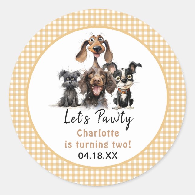 Dog Let's Pawty Birthday Runder Aufkleber (Vorderseite)