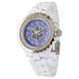 Dog Lover Diagonal Stripes Blue Lila Paw Print Armbanduhr