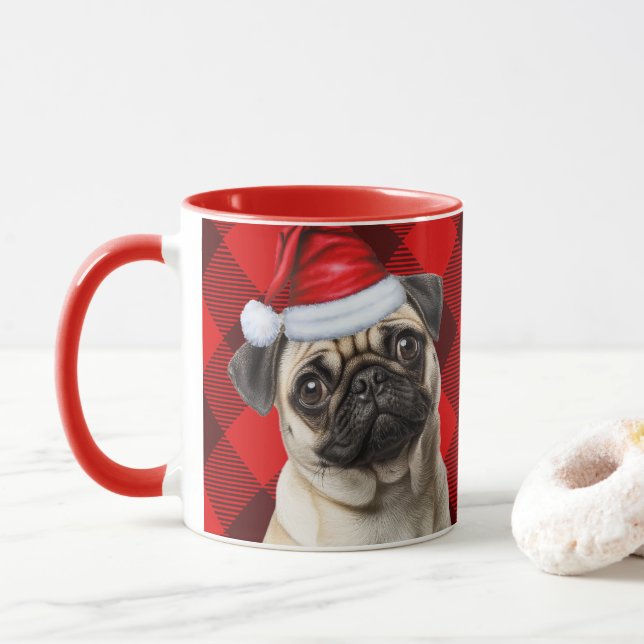 Dog Lover's Pug Holiday Red Buffalo Plaid Tasse (Mit Donut)