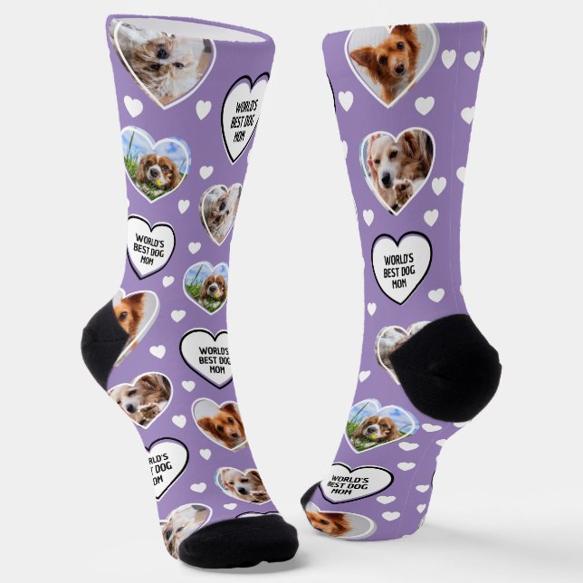 DOG MAMA Custom 4 Hauskatze Hund Herz Foto Lila Socken (Gewinkelt)