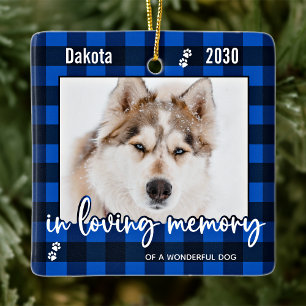 Dog-Memorial Blau Kariert in Love Memory-Foto Keramikornament