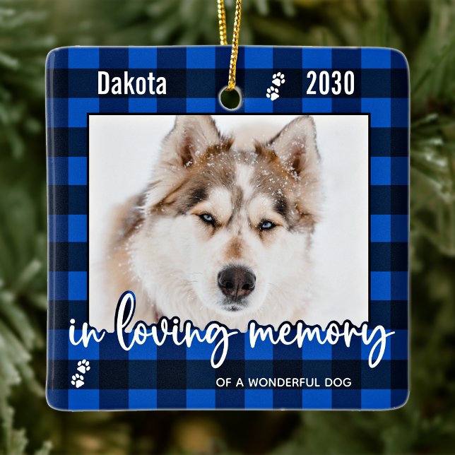 Dog-Memorial Blau Kariert in Love Memory-Foto Keramikornament (Von Creator hochgeladen)