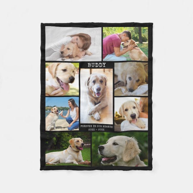 Dog Memorial Foto Collage Name Daten schwarz Fleecedecke (Vorderseite)