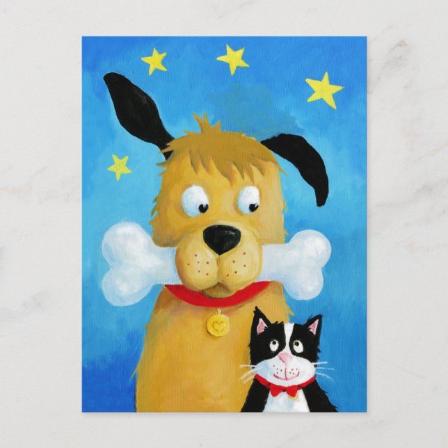 Dog mit Knochen & Katzenspass Post Card Postkarte (Vorderseite)