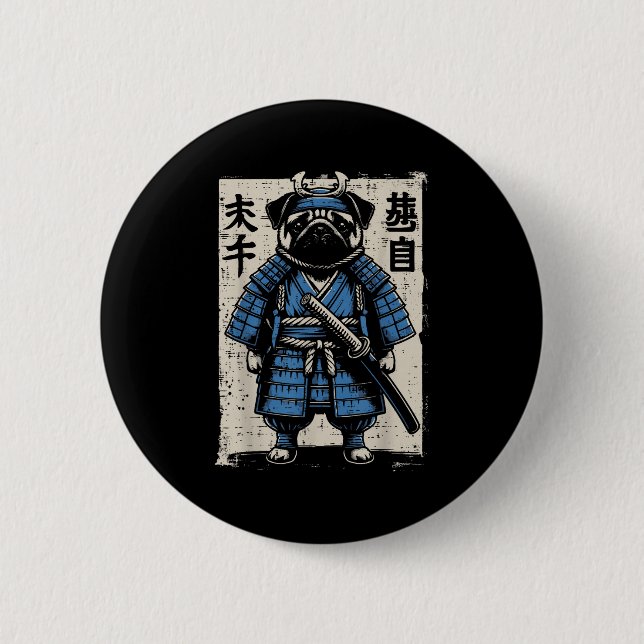Dog Mops Samurai Funny Japanischer Krieger Kunst M Button (Vorderseite)