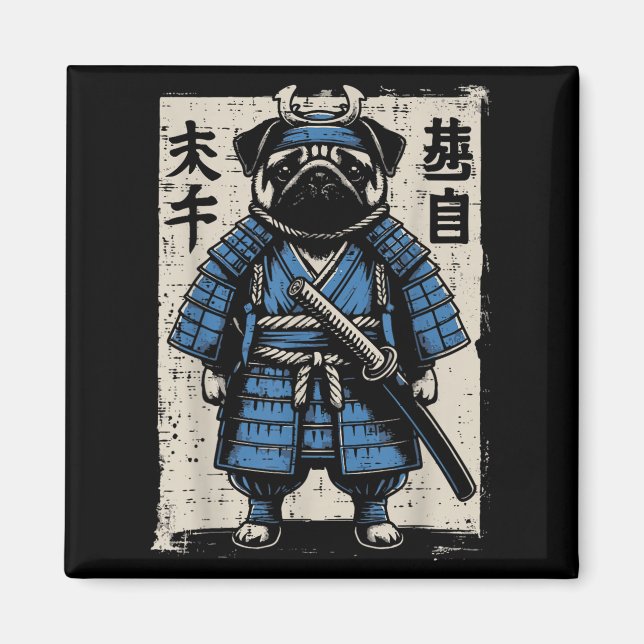 Dog Mops Samurai Funny Japanischer Krieger Kunst M Magnet (Vorne)
