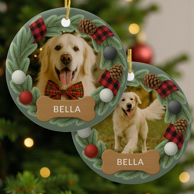 Dog Name Photo Holiday Christmas Wreath Keramik Ornament (Von Creator hochgeladen)
