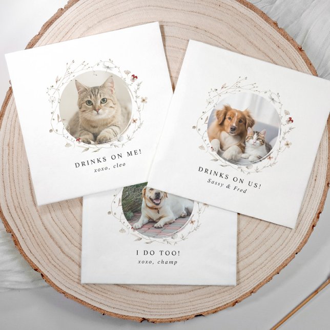 Dog Napkins Drinks on Us Elegant Wedding Serviette (Cute elegant wedding napkins with pet photo and watercolor wildflower design, “drinks on us” text.)