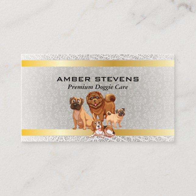 Dog Pack | Tierdienste | Gold Damask Muster Visitenkarte (Vorderseite)