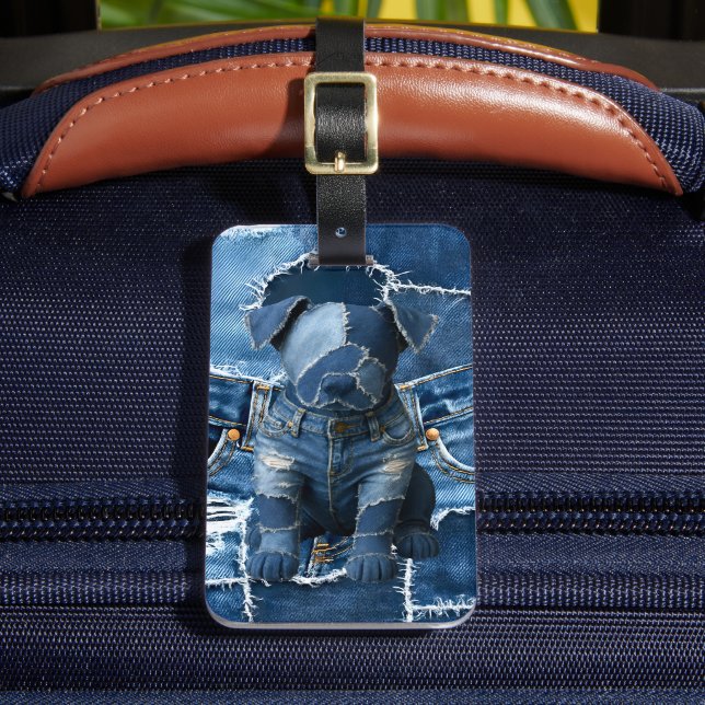 Dog Patchwork Art Denim Gepäckanhänger (Vorderseite Insitu 2)