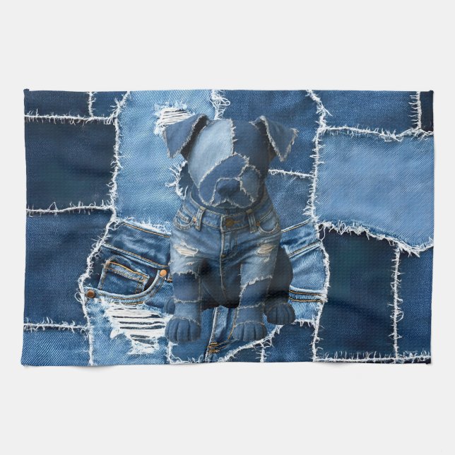 Dog Patchwork Art Denim Geschirrtuch (Horizontal)