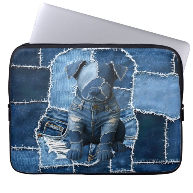 Dog Patchwork Art Denim Laptopschutzhülle (Vorderseite)