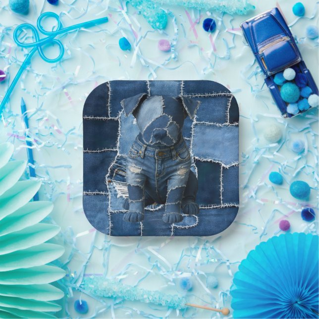 Dog Patchwork Art Denim Pappteller (Party)