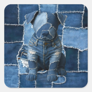 Dog Patchwork Art Denim Quadratischer Aufkleber