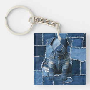 Dog Patchwork Art Denim Schlüsselanhänger