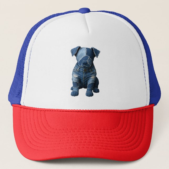 Dog Patchwork Art Denim Truckerkappe (Vorderseite)