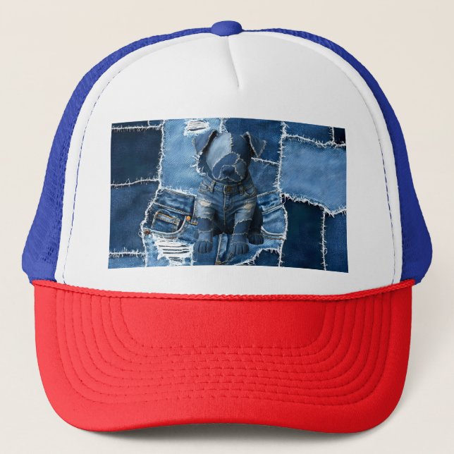Dog Patchwork Art Denim Truckerkappe (Vorderseite)