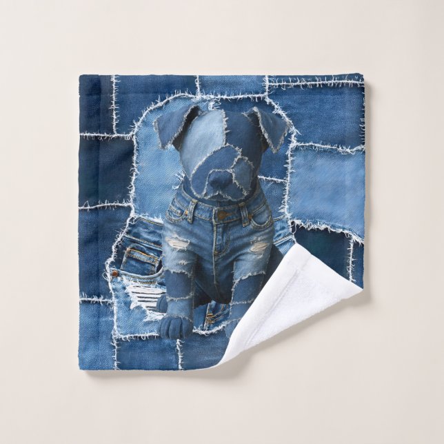 Dog Patchwork Art Denim Waschlappen (Waschlappen)