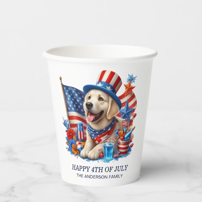 Dog Patriotic Top Hat Red White Blue Stars Streife Pappbecher (Vorderseite)