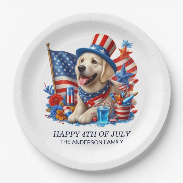 Dog Patriotic Top Hat Red White Blue Stars Streife Pappteller (Vorderseite)