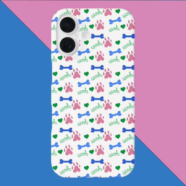 Dog Paw Bones Hearts Woof Pattern Pink Green Blue iPhone 16 Hülle (A phone case with pink dog paws, blue bones, green hearts and the word woof!)