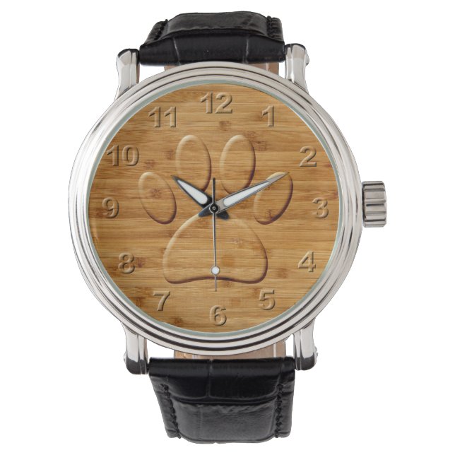 Dog Paw Carved Bamboo Print Armbanduhr (Vorderseite)