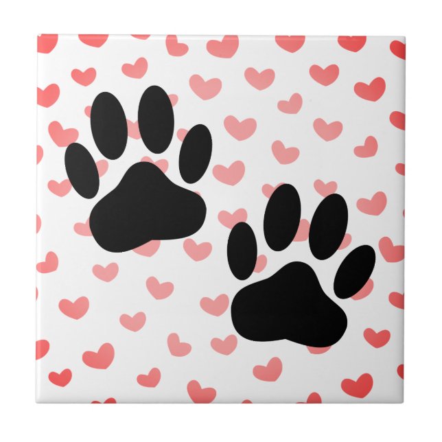 Dog Paw druckt Red Hearts Tile Fliese (Vorderseite)