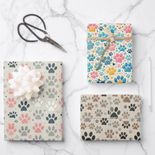 Dog Paw druckt Wrapping Paper Flat Sheet Set 3 Geschenkpapier Set