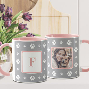 Dog Paw Grau Weiß Rosa Monogramm Foto Tasse