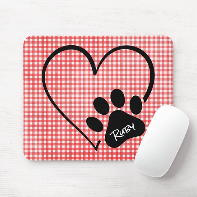 Dog Paw Print and Heart on Gingham Mousepad (Mit Mouse)