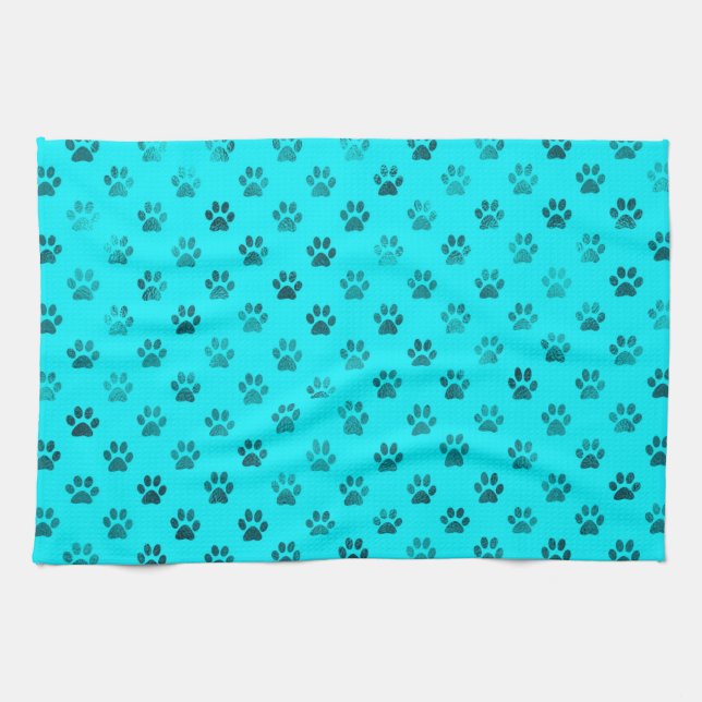 Dog Paw Print Blue Aquamarin Aqua Hintergrund Meta Handtuch (Horizontal)
