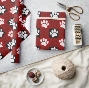 Dog Paw Print Buffalo Kariert in Schwarz und Rot Geschenkpapier