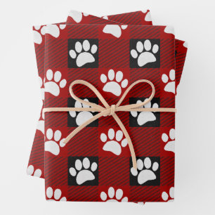 Dog Paw Print Buffalo Kariert in Schwarz und Rot Geschenkpapier Set