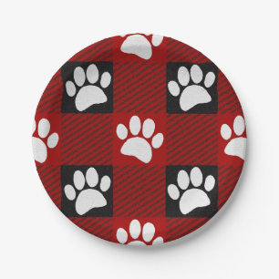 Dog Paw Print Buffalo Kariert in Schwarz und Rot Pappteller