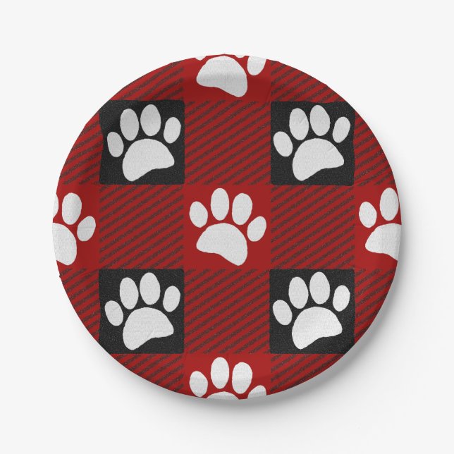 Dog Paw Print Buffalo Kariert in Schwarz und Rot Pappteller (Vorderseite)